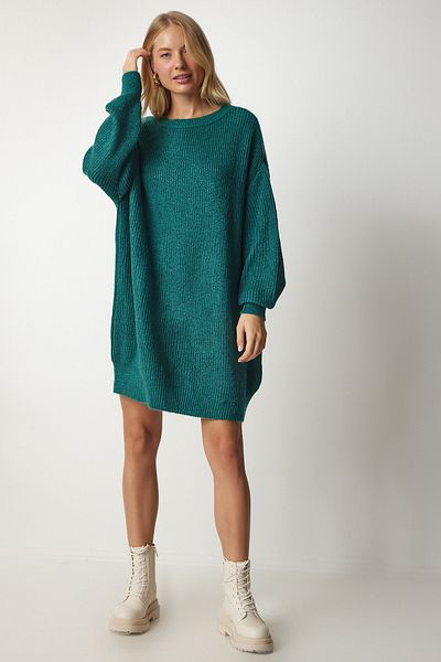 Happiness İstanbul Damen Smaragdgrünes Oversize-Sweatshirt aus Basic-Strick BV00099