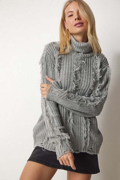Happiness İstanbul Woman's Gray Tassel and Ripped Detailed Knitwear Sweater KI00099