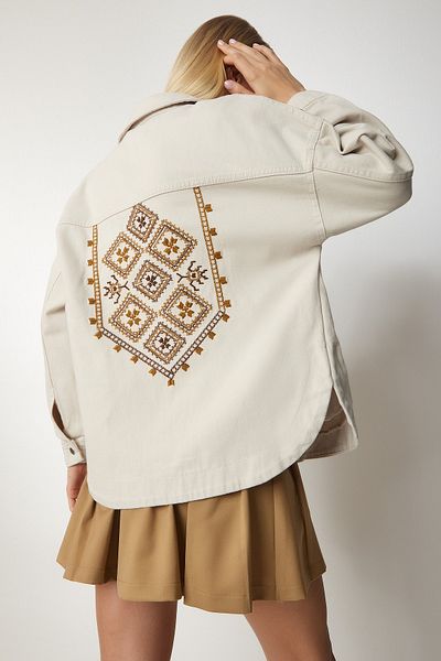 Happiness İstanbul Cremefarbene Gabardine-Hemdjacke mit ethnischer Stickerei für Damen RV00142
