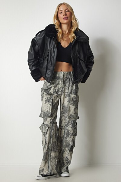 Happiness İstanbul Dámský černý chlupatý kabát z umělé kůže Bomber rv00141