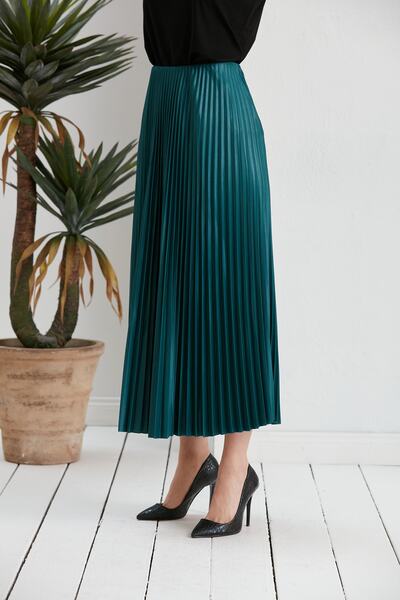 BMK BOUTİQUE Women's Satin Look Pleated Long Skirt