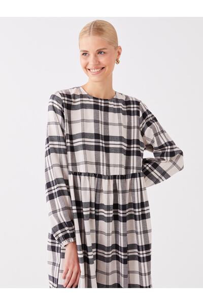 LC Waikiki Gemustertes, langärmliges Damenkleid mit Rundhalsausschnitt