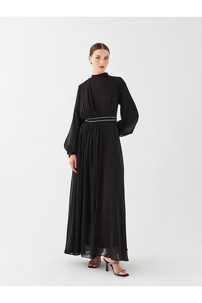 LC Waikiki Langärmliges Damen-Abendkleid mit Rundhalsausschnitt und Steinstickerei