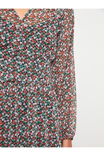 LC Waikiki V-nyakú mintás, hosszú ujjú sifon női ruha