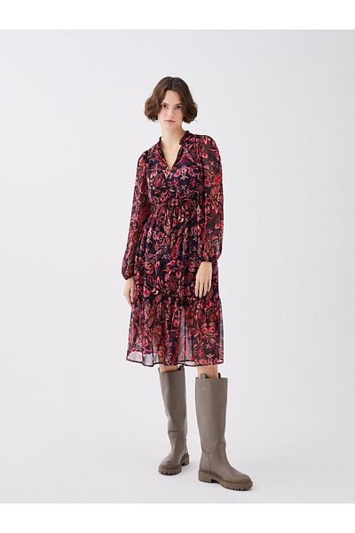 LC Waikiki V-Neck Patterned Long Sleeve Chiffon Women's Dress