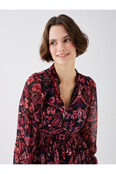 LC Waikiki V-Neck Patterned Long Sleeve Chiffon Women's Dress