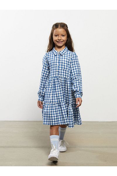 LC Waikiki Shirt Collar Plaid Long Sleeve Girl's Dress