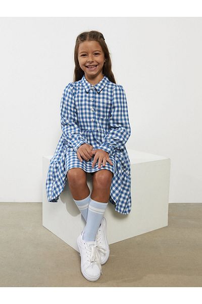 LC Waikiki Shirt Collar Plaid Long Sleeve Girl's Dress