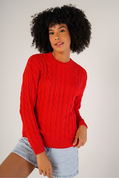 Trist Star Red Women's Braided Crew Neck 100% Cotton Sweater