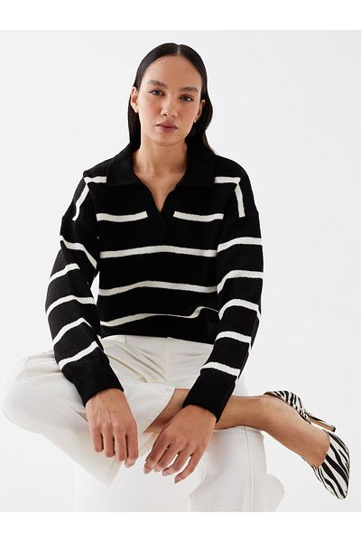 LC Waikiki Gestreifter, langärmliger, übergroßer Damen-Strickpullover mit Polokragen