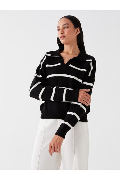 LC Waikiki Gestreifter, langärmliger, übergroßer Damen-Strickpullover mit Polokragen