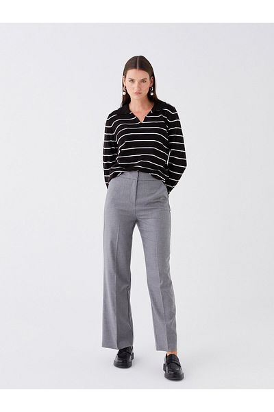 LC Waikiki Gestreifter langärmliger Damen-Strickpullover mit Polokragen