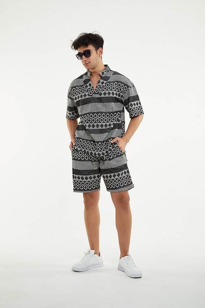 Tuttomood Men's Patterned Judge Collar Shorts Set Black
