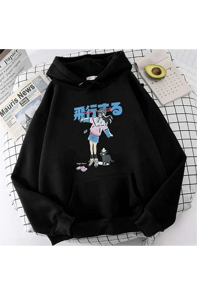 Touz Anime Girl & Cat Printed Μαύρο Φούτερ Unisex Oversize με κουκούλα