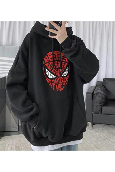 Toum M F Spider-Man Head Baskılı Siyah Unisex Oversize Kapüşonlu Sweatshirt