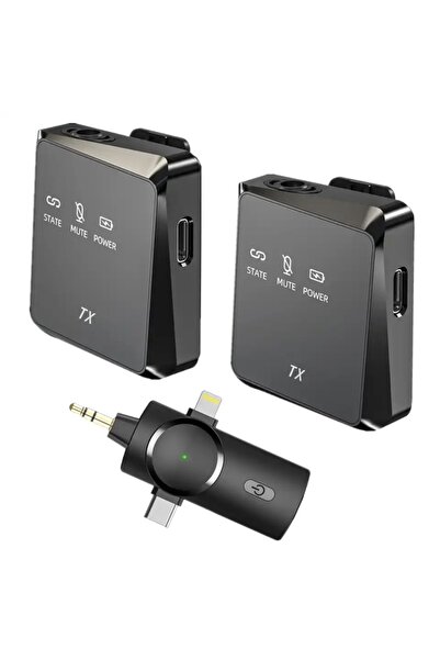 BAYINDIRELEKTRONİK Type-C iPhone Çiftli Kablosuz Yaka Mikrofonu 3in1 Kamera PC Android iOS Uyumlu
