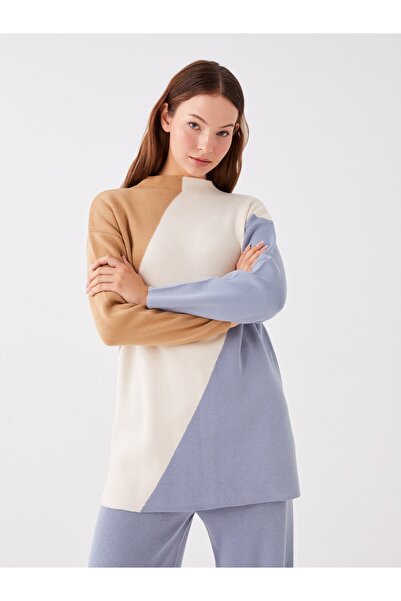 LC Waikiki Yarım Balıkçı Yaka Renk Bloklu Uzun Kollu Oversize Kadın Triko Tunik