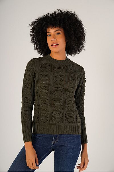 Trist Star Khaki Women's Pom Pom Patterned Openwork Crew Neck 100% Cotton Sweater