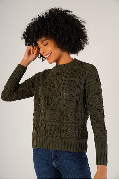 Trist Star Khaki Women's Pom Pom Patterned Openwork Crew Neck 100% Cotton Sweater