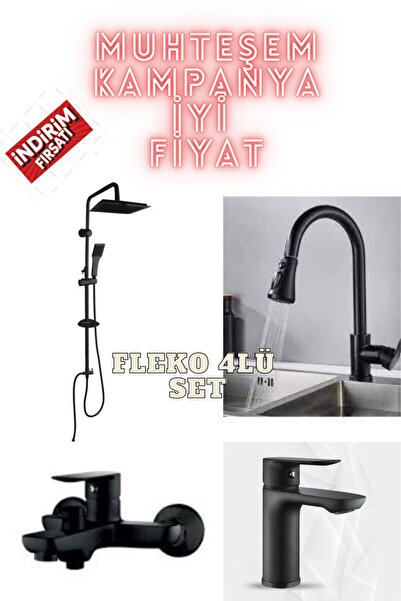 KAVİTİCARET Fleko Black Spiral Kitchen, Bathroom and Sink Faucet and Head Shower Set (Set of 4)