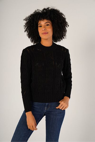 Trist Star Pulover negru pentru femei, cu model ajurat, 100% bumbac