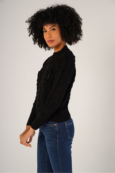 Trist Star Pulover negru pentru femei, cu model ajurat, 100% bumbac