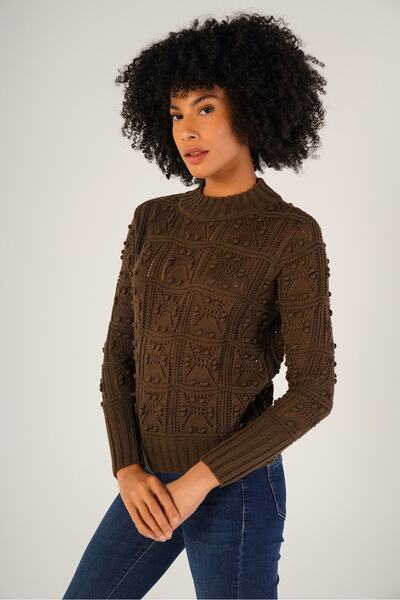 Trist Star Brown Women's Pom Pom Patterned Openwork Crew Neck 100% Cotton Sweater