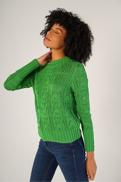 Trist Star Pulover de damă, verde, cu model ajurat, 100% bumbac