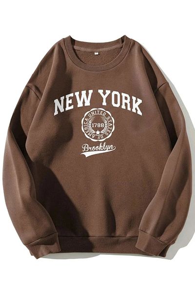 MODAGEN Unisex hnědá mikina New York s potiskem Crew Neck Oversize