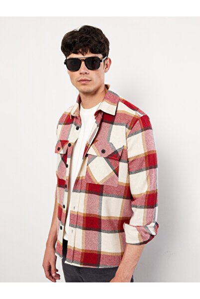 LC Waikiki Langärmliges kariertes Gabardine-Herrenhemd mit bequemer Passform