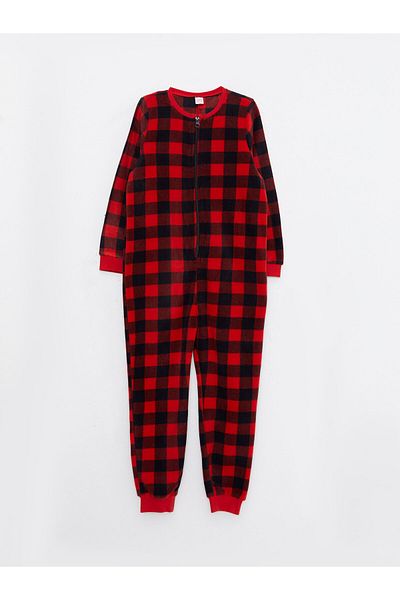 LC Waikiki Crew Neck Plaid Long Sleeve Fleece Girl's Jumpsuit