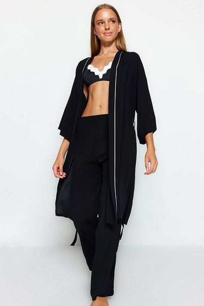 Trendyol Collection Schwarzes 2-teiliges, geripptes Viskose-Morgenmantel-Pyjama-Unterteil, gewebtes Pyjama-Set THMAW24PT00074