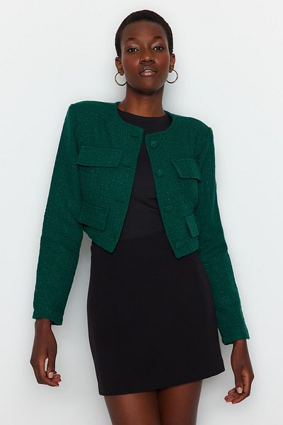 Trendyol Collection Smaragdgrüne Tweed-Kurzjacke - Limitierte Auflage TWOAW23CE00215