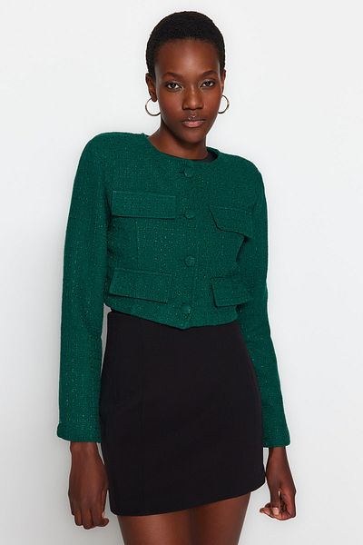 Trendyol Collection Smaragdgrüne Tweed-Kurzjacke - Limitierte Auflage TWOAW23CE00215