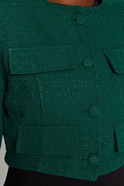 Trendyol Collection Emerald Green Tweed Crop Jacket - Limited Edition TWOAW23CE00215