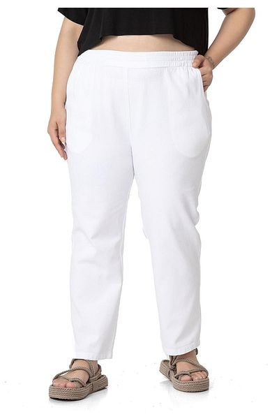 DISENTIS MODEST Pantaloni albi din Gabardina Marime Plus cu Talie elastica si buzunare