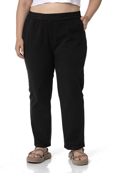 DISENTIS MODEST Plus Size Gabardine Black Trousers with Elastic Waist and Pockets