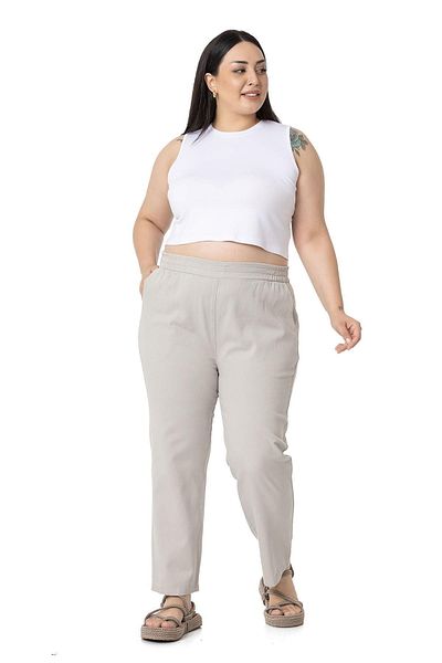 DISENTIS MODEST Plus Size Gabardine Stone Color Trousers with Elastic Waist and Pockets