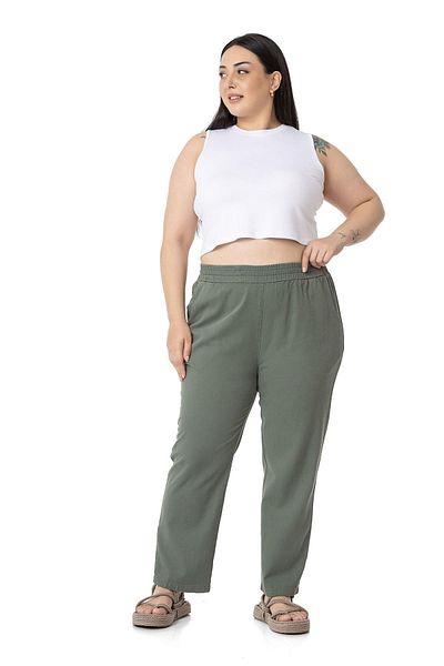 DISENTIS MODEST Plus Size Gabardine Khaki Trousers with Elastic Waist and Pockets