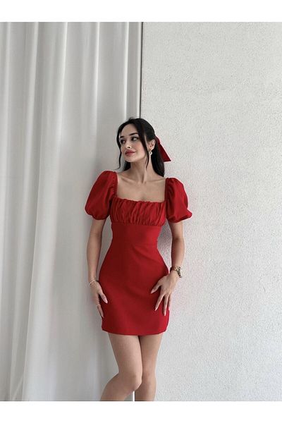 Afiş Butik Rochie decoltată cu mâneci pepene roșu