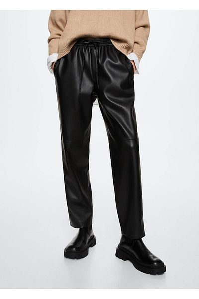 MANGO Woman Leather Look Elastic Waist Trousers
