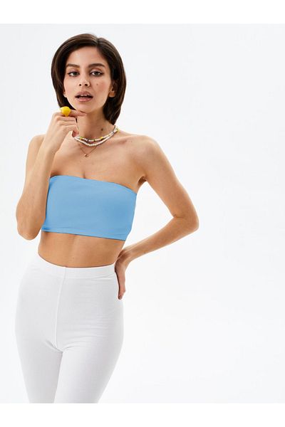 MİSTİRİK Model Palude - Sutien tricotat, fără bretele, fără cusături, culoare albastru gheață Bondeo