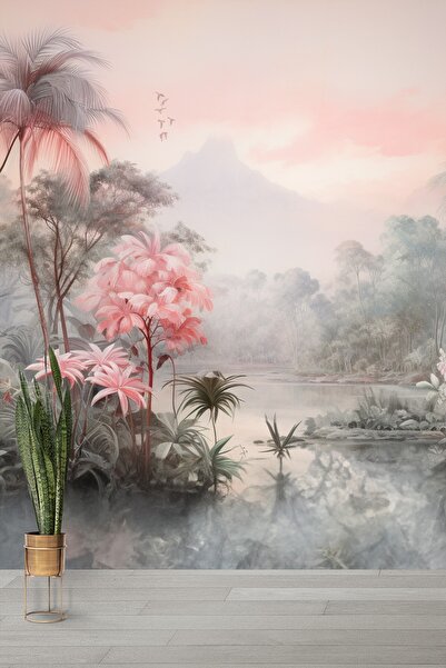 Dekoros Pembe Palmiye Ağaçları Duvar Kağıdı, Tek Parça Tropikal Orman Manzara...