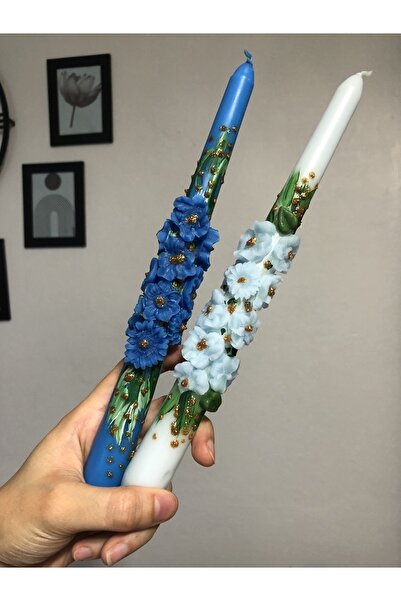 Elif Design 2’li el boyaması çiçekli papatyalı mum seti / kabartmalı şamdan mumu