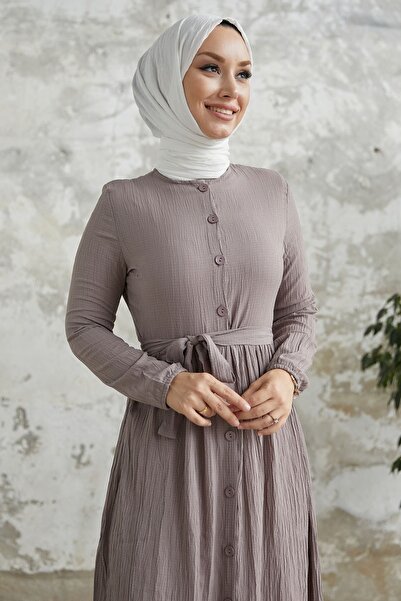 InStyle Lemina Kuşaklı Elbise - Sütlü Kahve