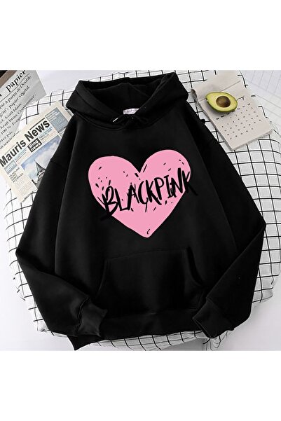 MECH BUTİK Hanorac oversize negru cu imprimeu Blackpink Heart