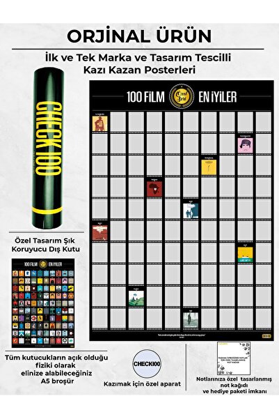 Check100 Özel Seri Kazıkazan 100 FİLM Posteri Kazınabilir Film Posteri Çok Bilinmeyen En İyi 100 Film