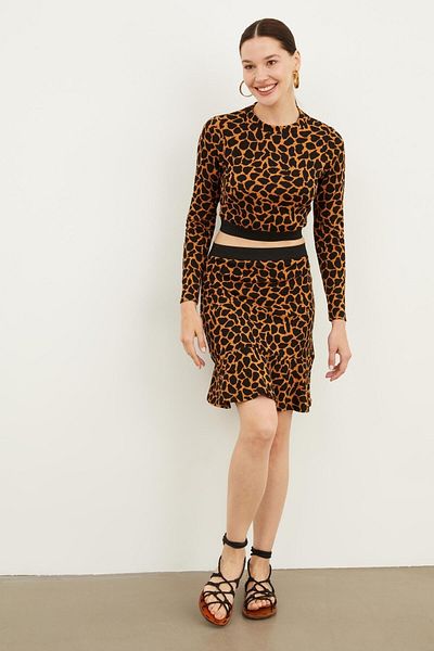 Hanna's by Hanna Darsa Women's Leopard Print Crew Neck Long Sleeve Crop Knitted Top with Elastic Waist Skirt Ends Flounced Mini