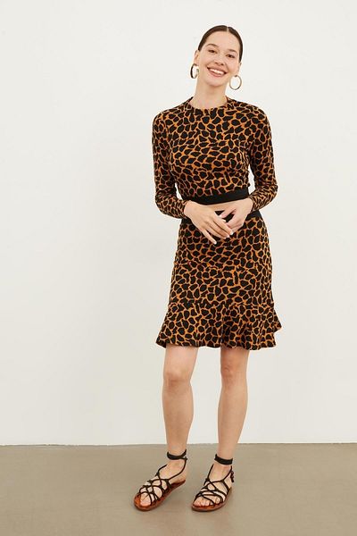 Hanna's by Hanna Darsa Women's Leopard Print Crew Neck Long Sleeve Crop Knitted Top with Elastic Waist Skirt Ends Flounced Mini