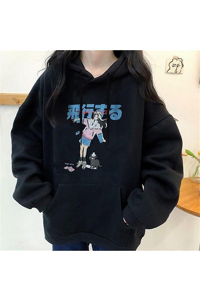 Touz Moda dompuleri fashion Anime Girl & Cat Printed Μαύρο φούτερ με κουκούλα Unisex Oversize
